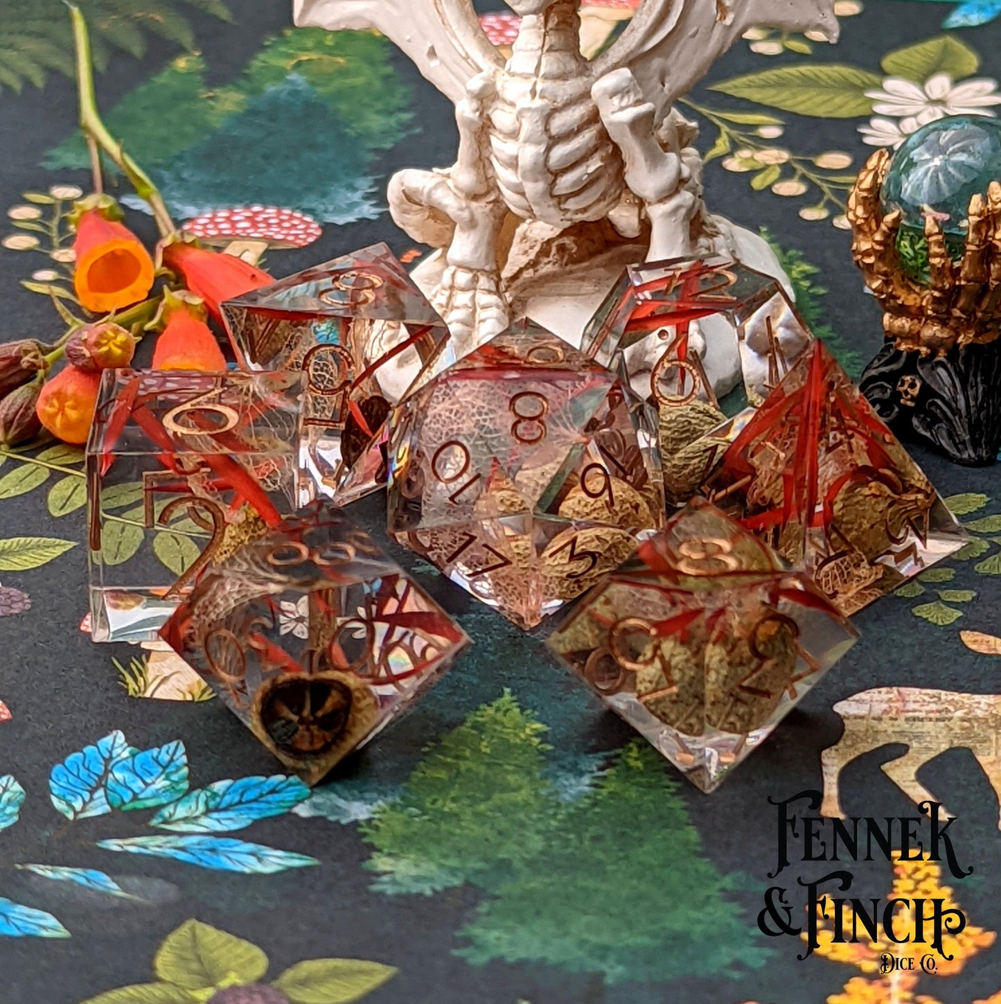 Eucalyptus Sharp Edge Resin Dice Set with Dried Leaves and Red Grass for TTRPG, Perfect for DnD Players, by Fennek and Finch.