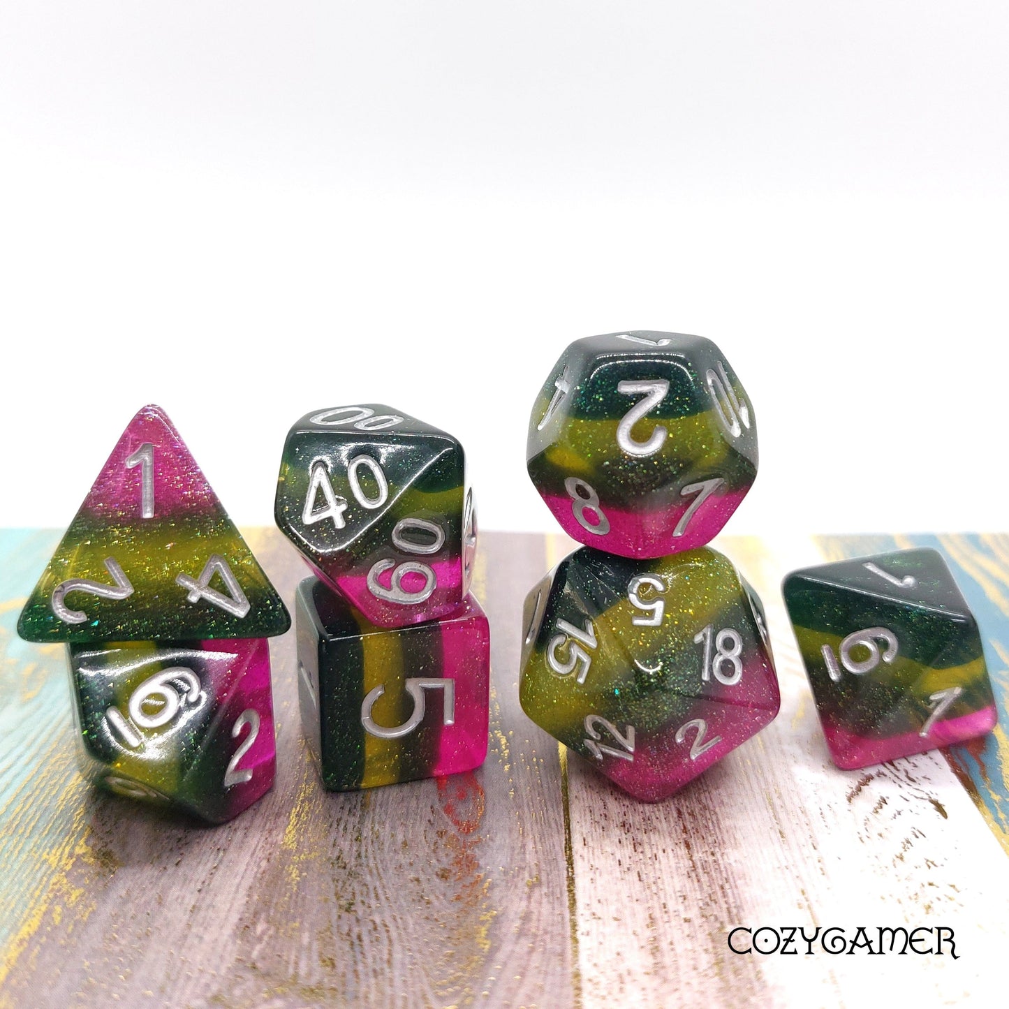 Everbloom Dice Set. Glitter Layered Purple and Green