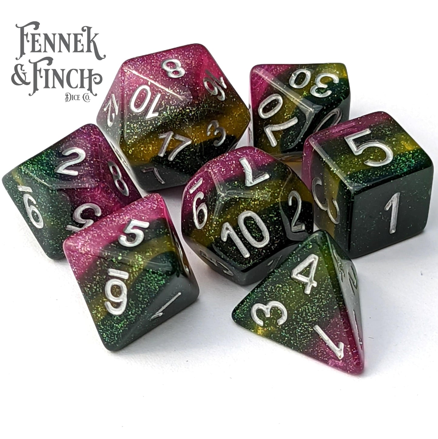 Everbloom Dice Set. Glitter Layered Purple and Green