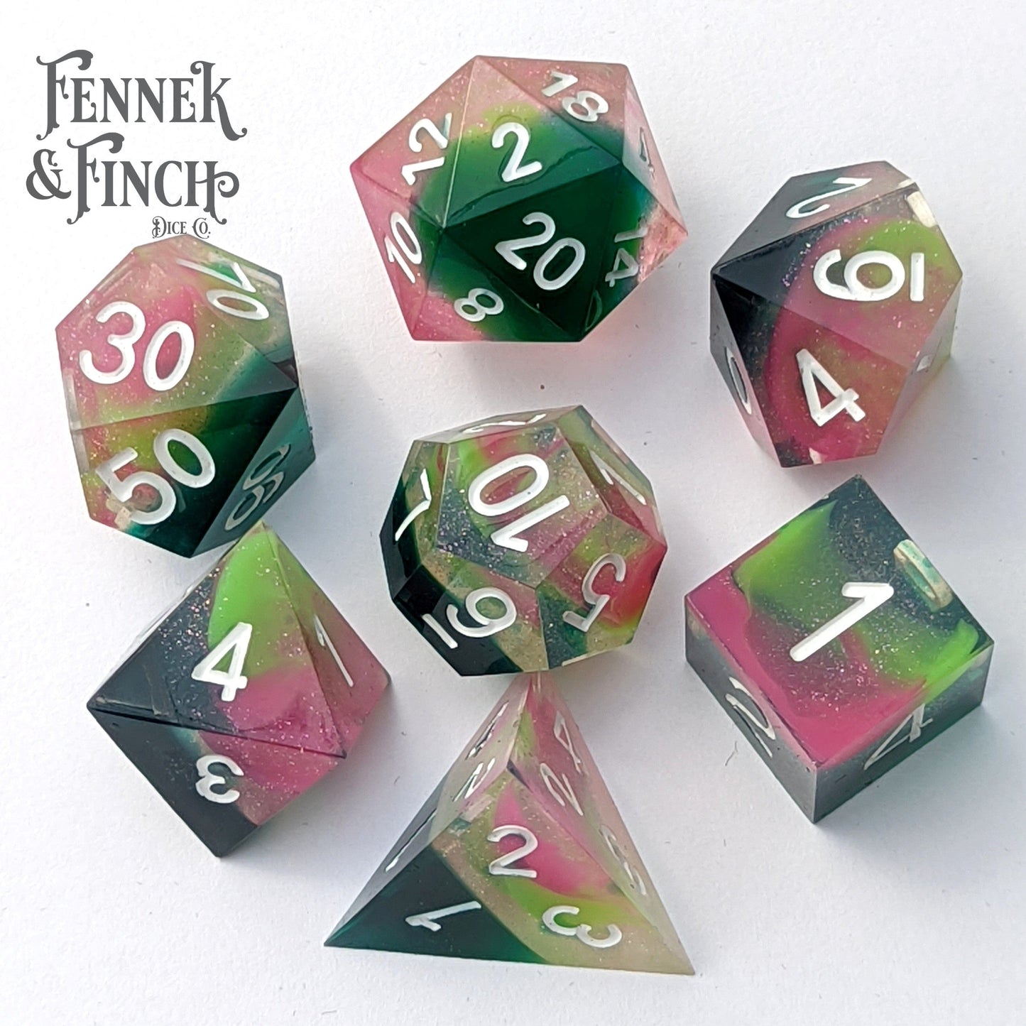 Everbloom Sharp Edge Resin Dice Set. 7 Piece DND dice set Dice Sets & Games Fennek and Finch