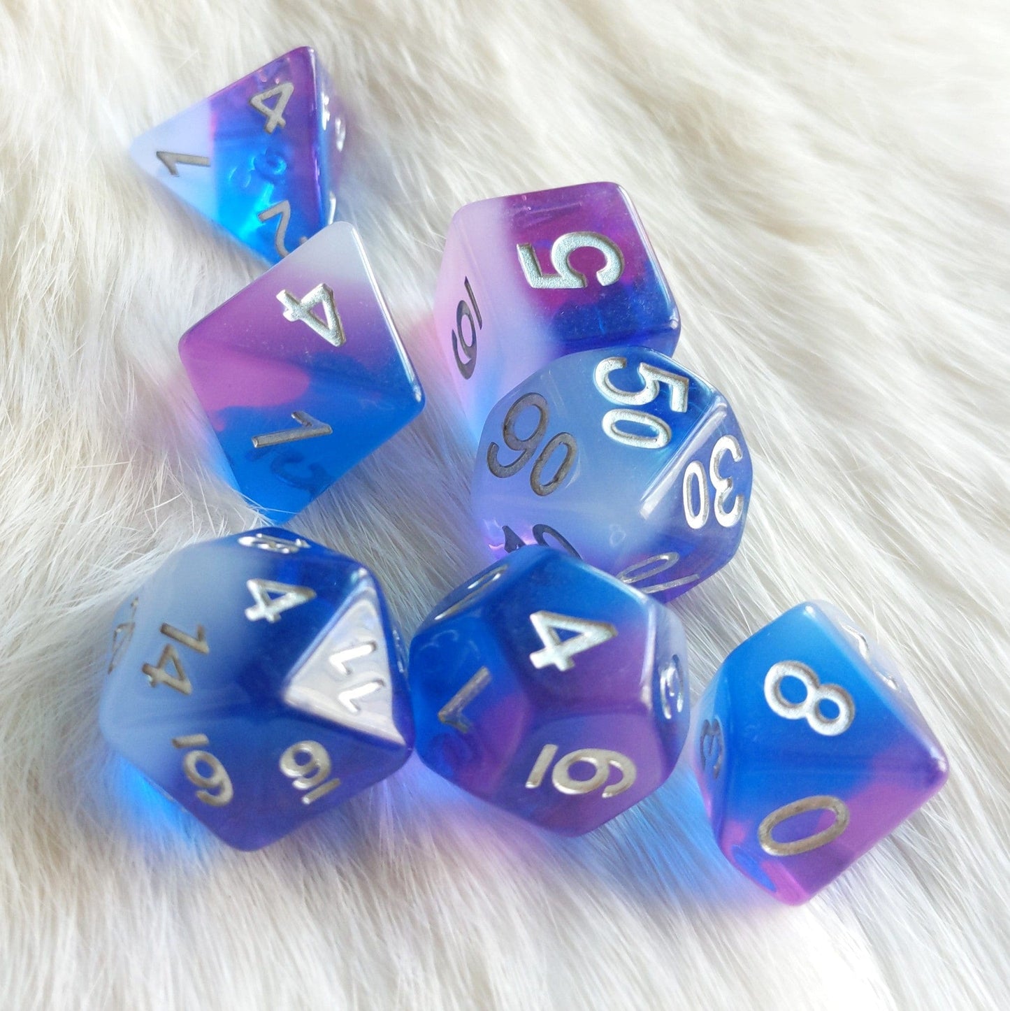 Fae Flash Dice Set. Blue, purple, and white dice set - CozyGamer