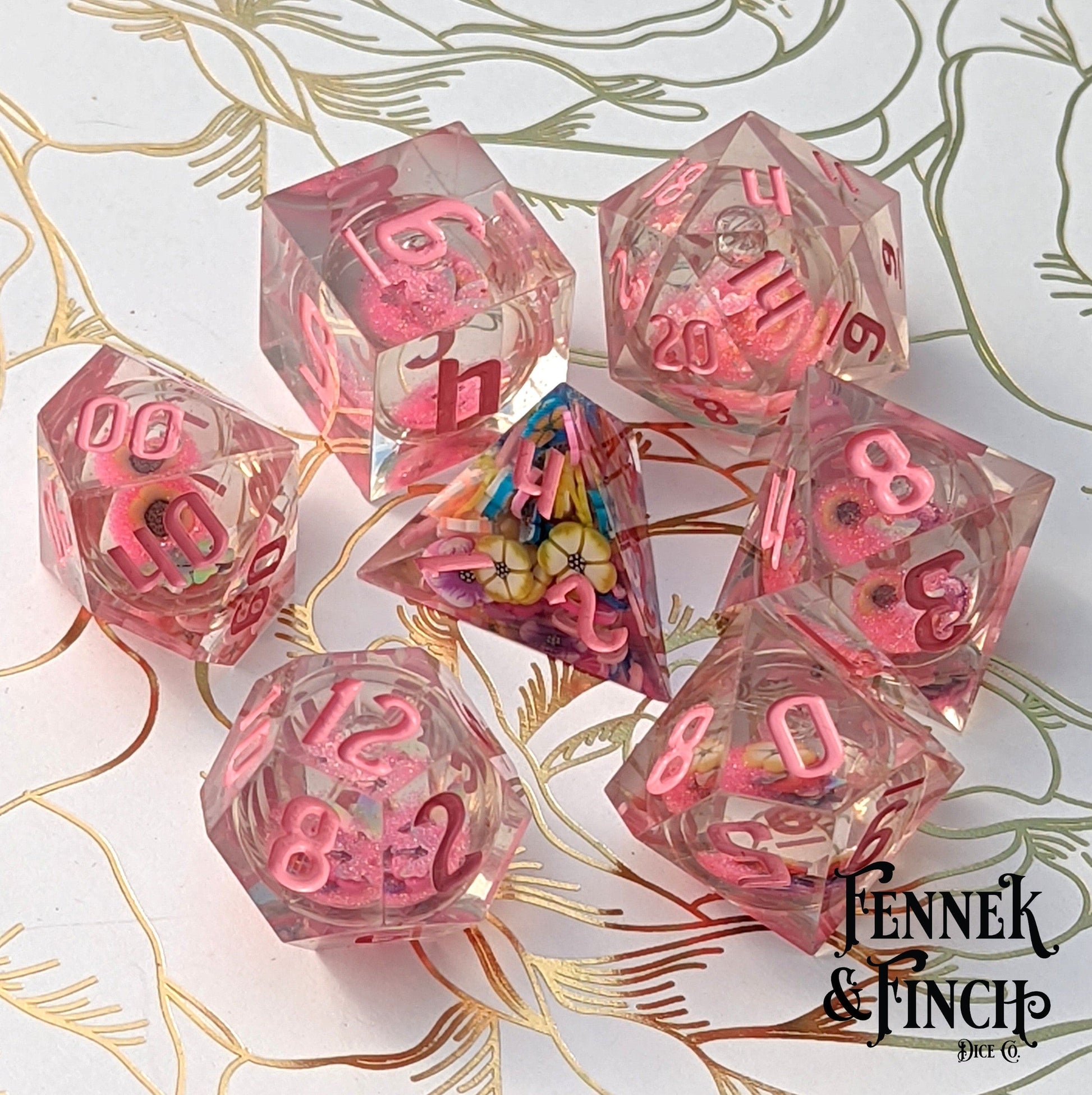 Falling Blossom Liquid Core Sharp Edge Dice Set. Flowers and Pink Glitter in a Liquid Core Dice Sets & Games Fennek and Finch