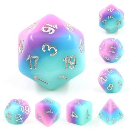 Fey Bloom Dice Set with silver numbers, featuring a pink, purple, and blue gradient, ideal for tabletop RPGs like Dungeons and Dragons.