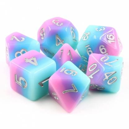 Fey Bloom Dice Set with blue, purple, and pink gradient layers and silver numbers for tabletop role-playing games. 7 polyhedral pieces.