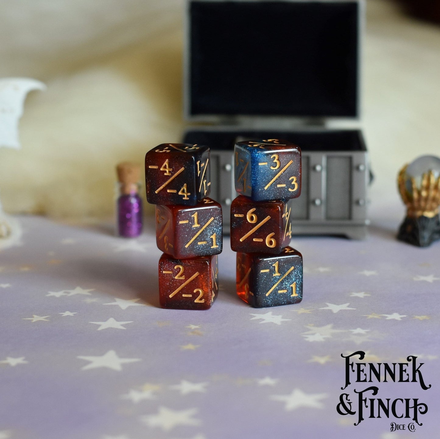 Fire and Ice D6 Counter Set – 6 - Piece Red Blue Glitter Negative Dice - Fennek and Finch