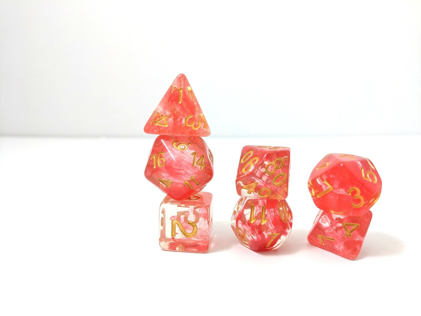 Fire Flick Dice Set – 7-Piece Transparent Red Ink Suspended Acrylic DnD Dice Dice sets Fennek and Finch