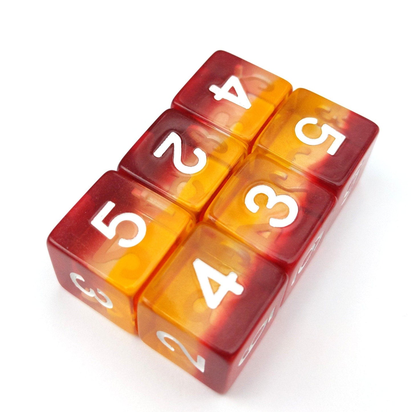 Fire Light D6 dice set of 6, featuring clear resin with layered red, clear, and yellow colors. Perfect for DnD, Warhammer, TTRPG.