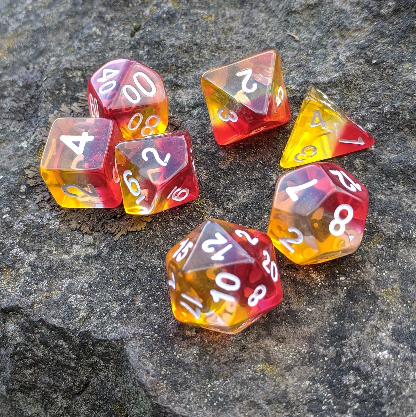 Fire Light Dice Set – 7 - Piece Red White Yellow Layered Transparent DnD Dice - Fennek and Finch
