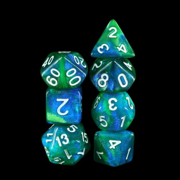 Fireflies Forest Glitter Acrylic Dice Set in blue and green, 7-piece polyhedral for TTRPG like Dungeons and Dragons.