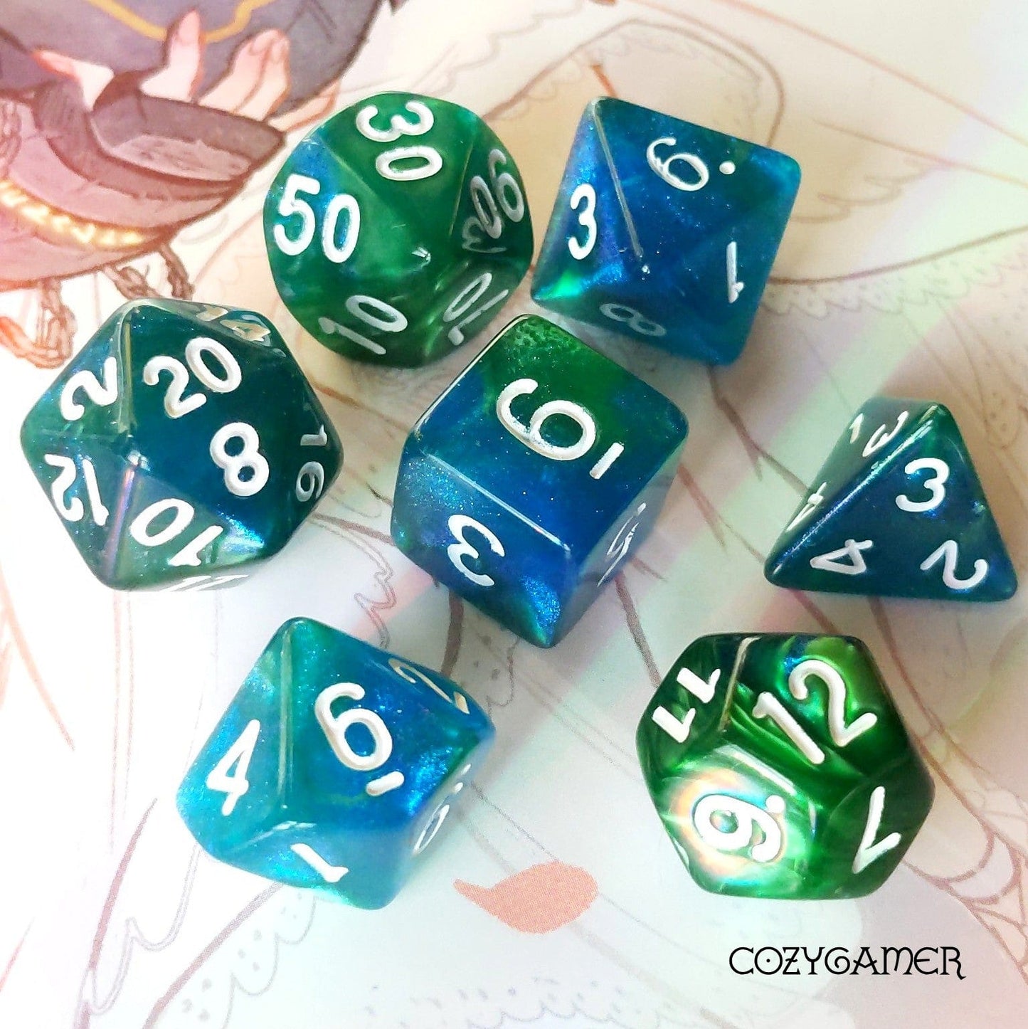 Fireflies Forest Glitter Acrylic Dice Set. TTRPG 7 Piece Dice