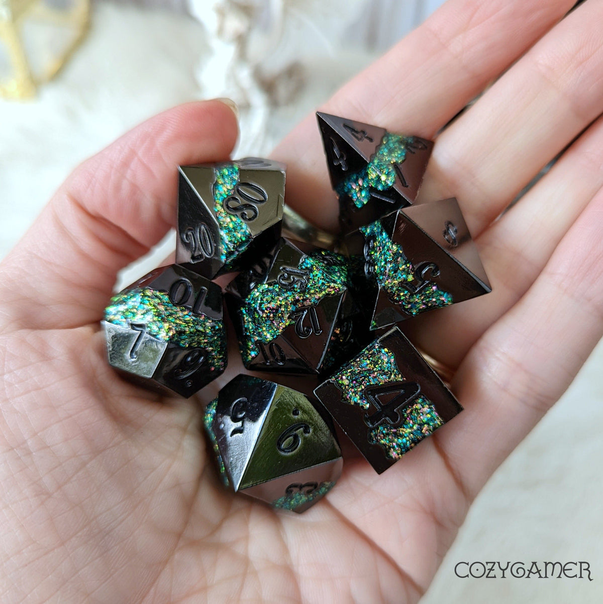Fissure Metal Dice Set Black and Green Dice sets Fennek and Finch
