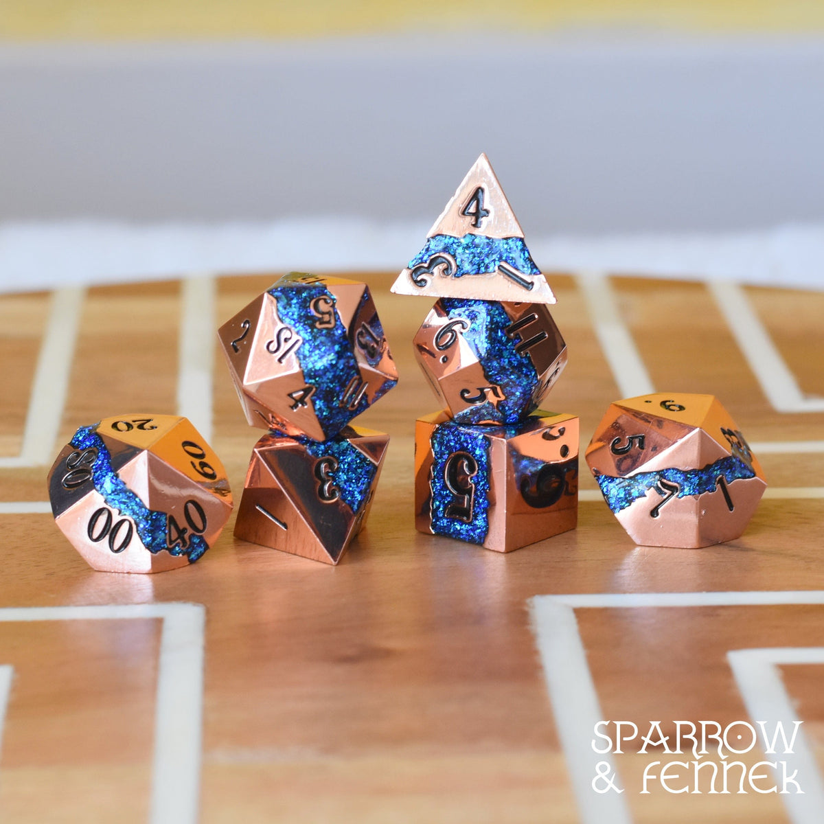 Fissure Metal Dice Set Copper and Blue Dice sets Fennek and Finch