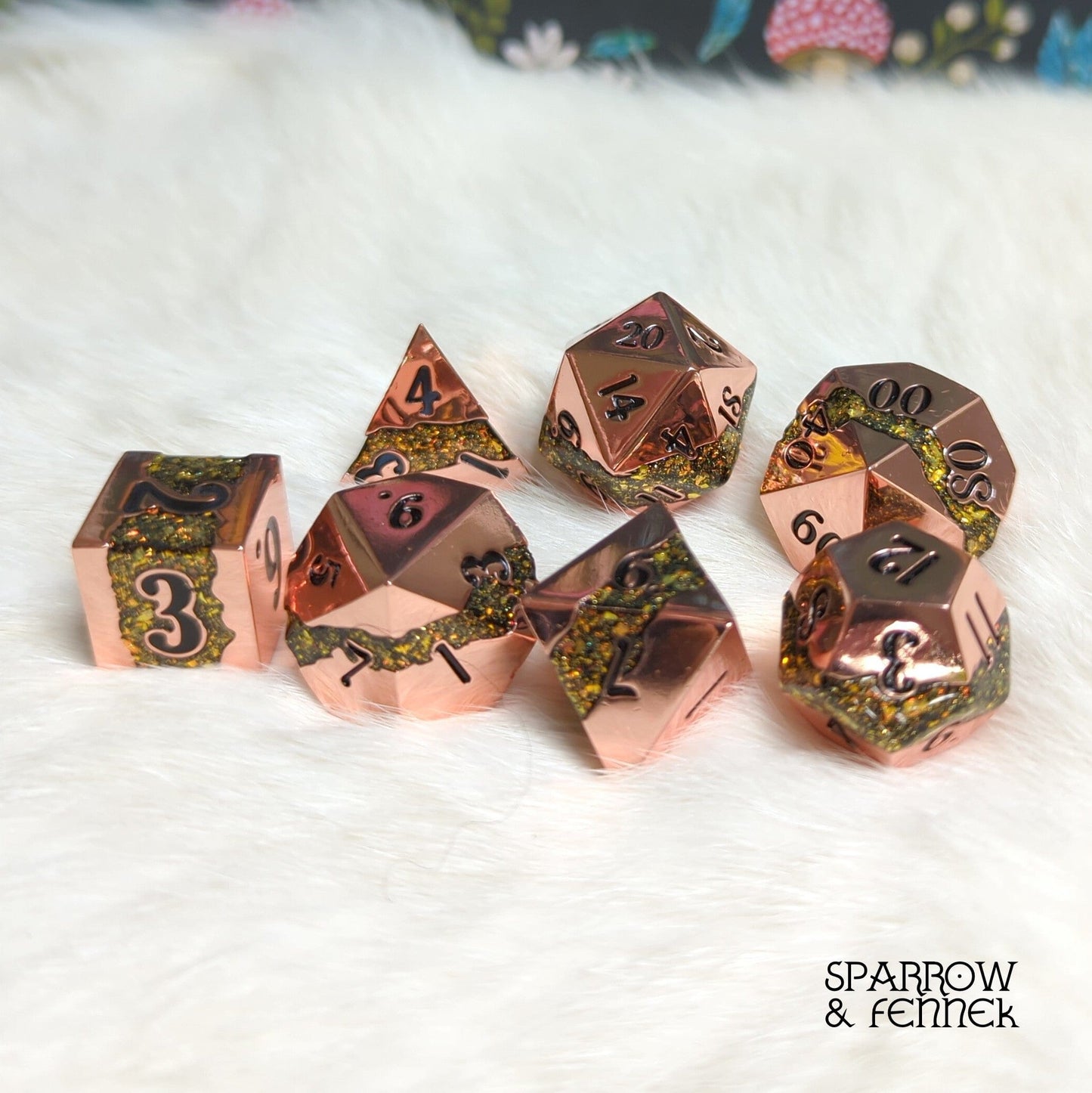 Fissure metal dice set with copper and green gold glitter stripe, 7 polyhedral dice for tabletop RPGs like Dungeons and Dragons