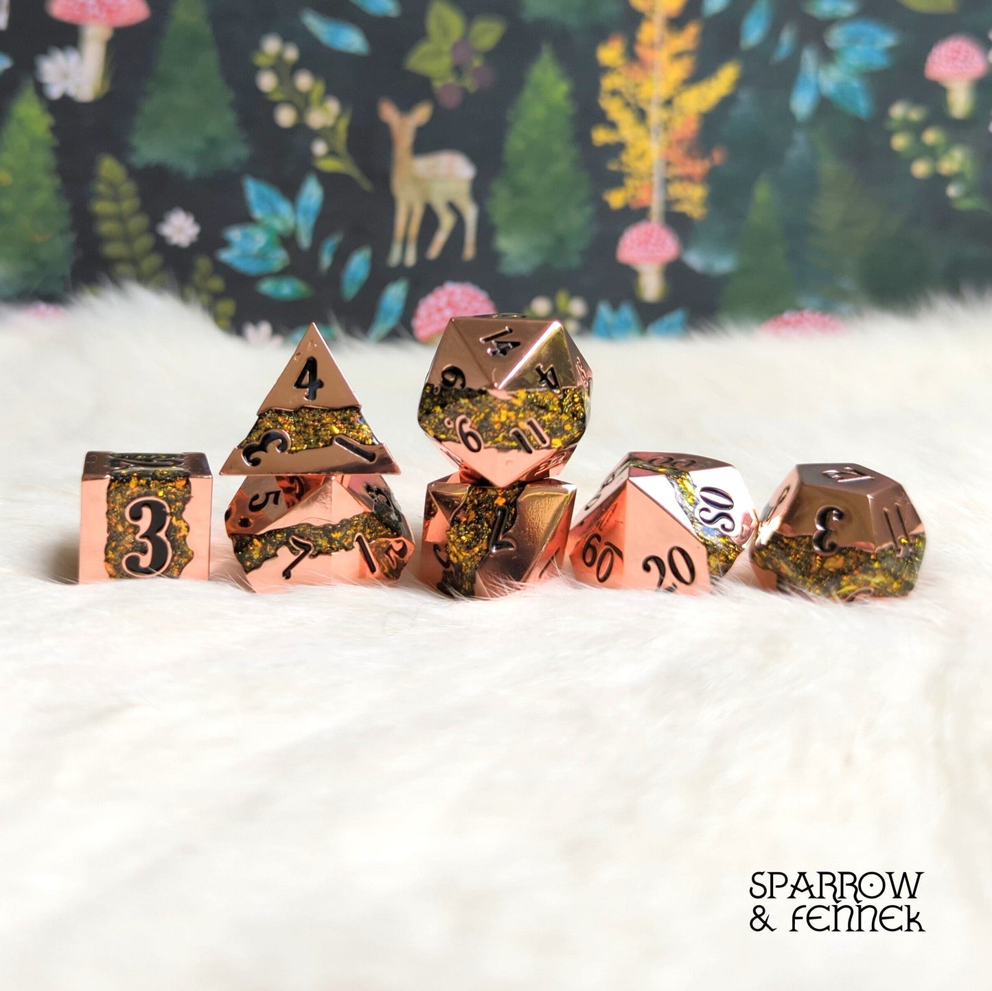 Copper and green gold polyhedral metal dice set with glitter stripe, perfect for tabletop RPGs like Dungeons and Dragons.