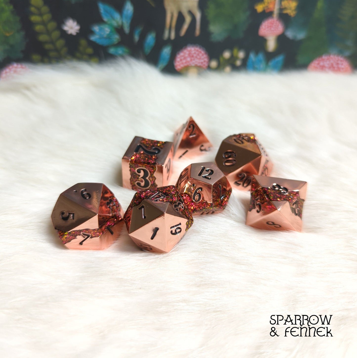 Fissure Metal Dice Set, copper and red design, 7-piece polyhedral set for tabletop games like Dungeons and Dragons.