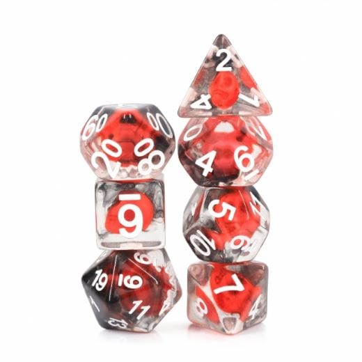Flame Skull Dice Set. Red skull bead in clear resin with black smoke Dice Sets & Games Fennek and Finch