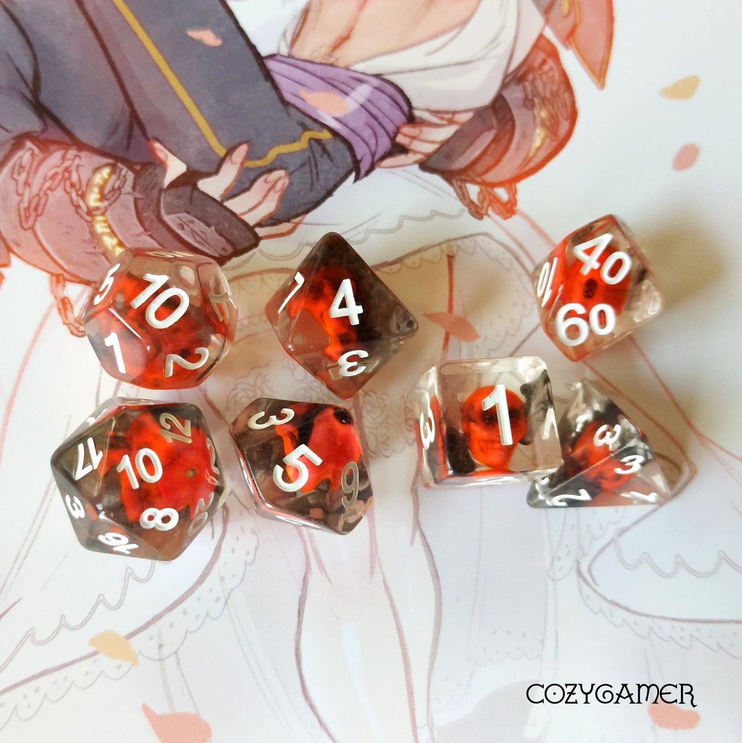 Flame Skull Dice Set. Red skull bead in clear resin with black smoke Dice Sets & Games Fennek and Finch
