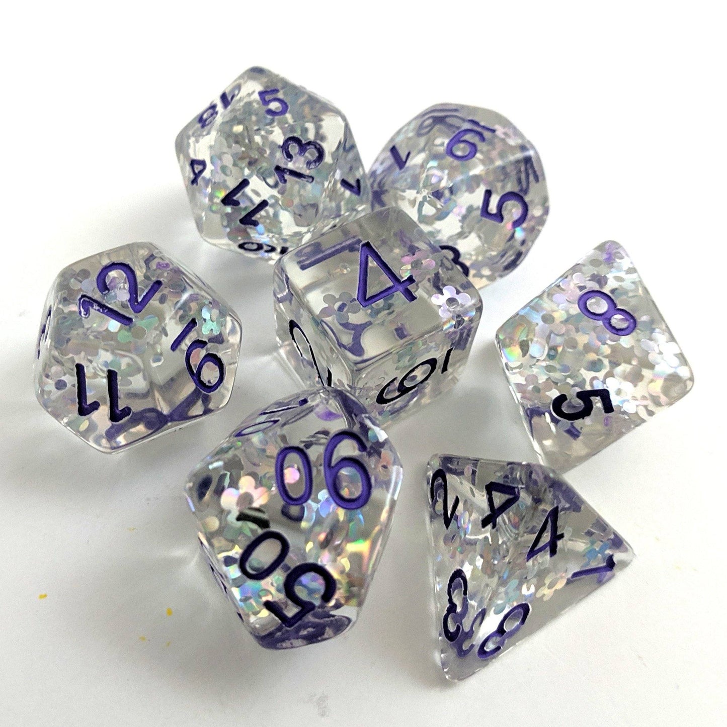Flashing Plum Dice Set, Silver holographic glitter flowers - CozyGamer