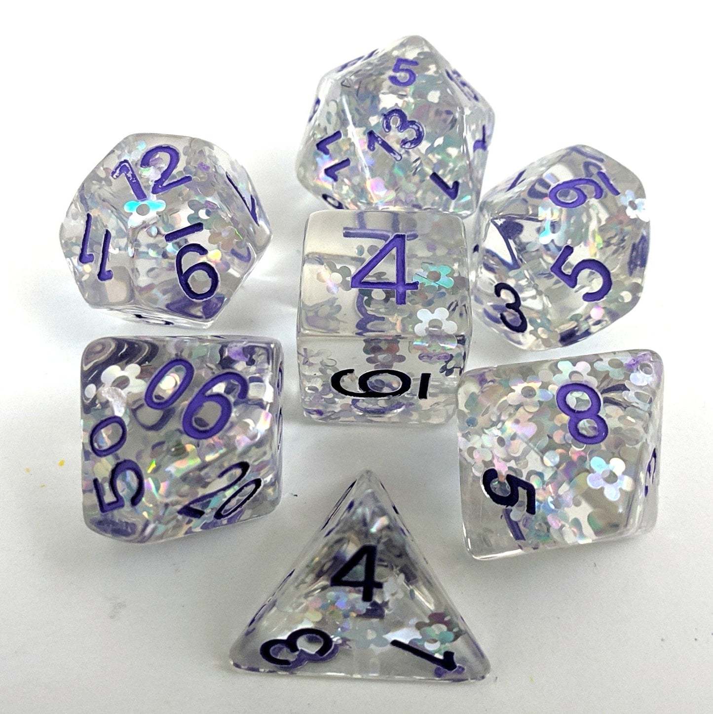 Flashing Plum Dice Set, Silver holographic glitter flowers - CozyGamer