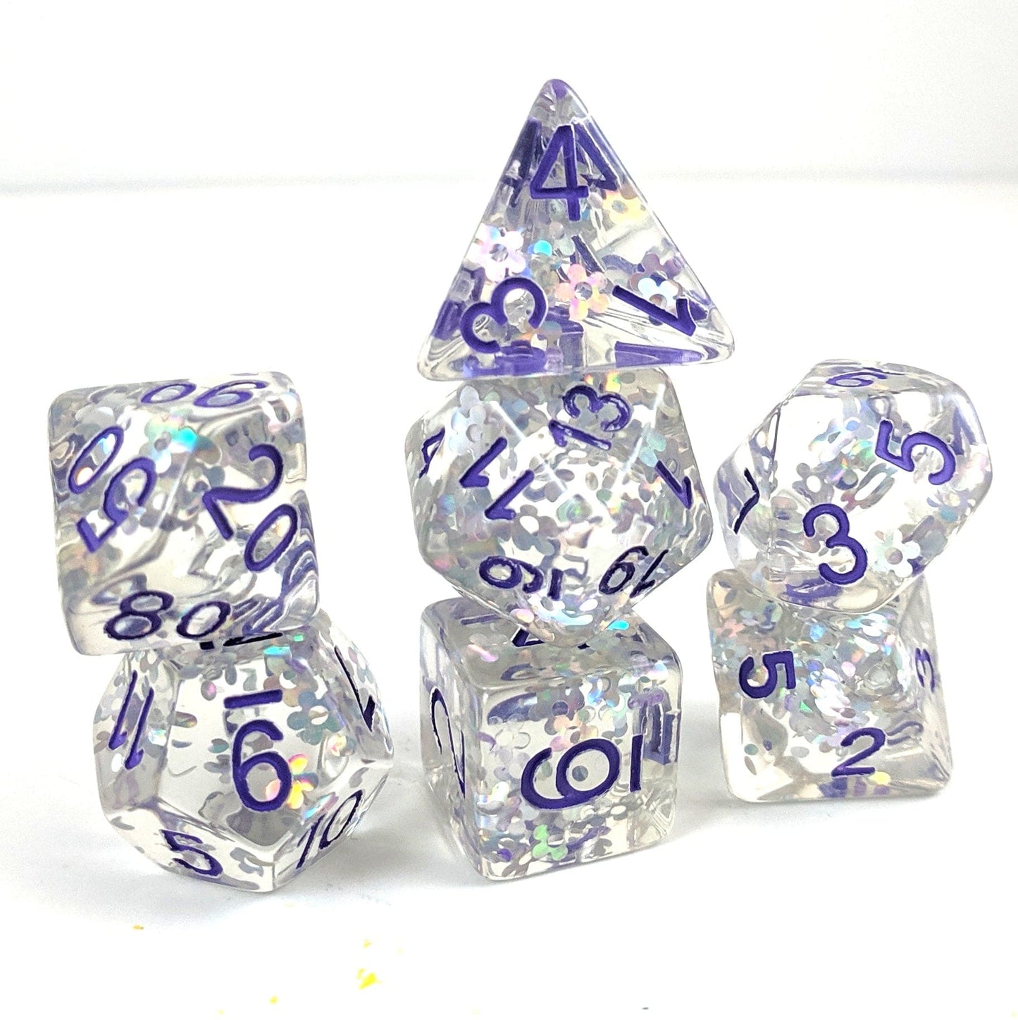 Flashing Plum Dice Set, Silver holographic glitter flowers - CozyGamer