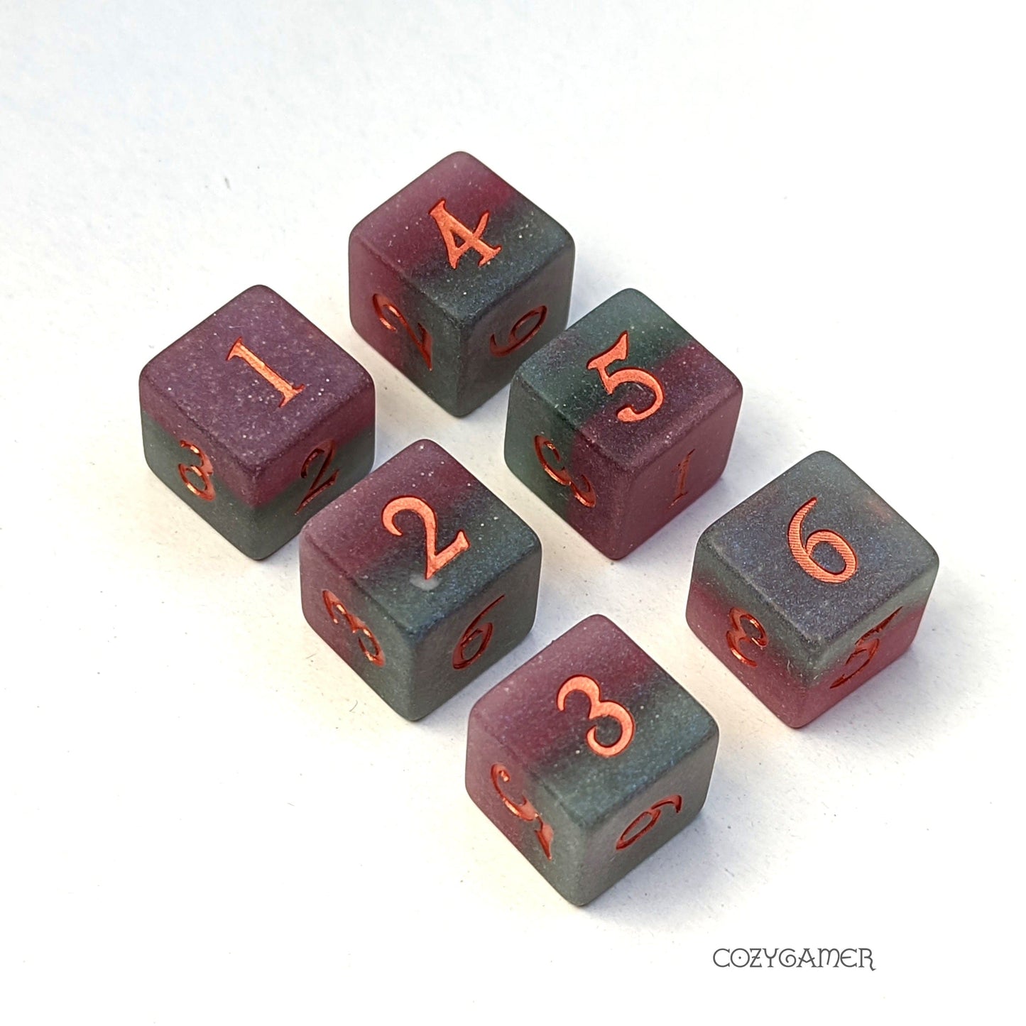 Fluorite 6 D6 dice set with purple and green matte resin finish, featuring custom font numbers, perfect for Dungeons and Dragons.