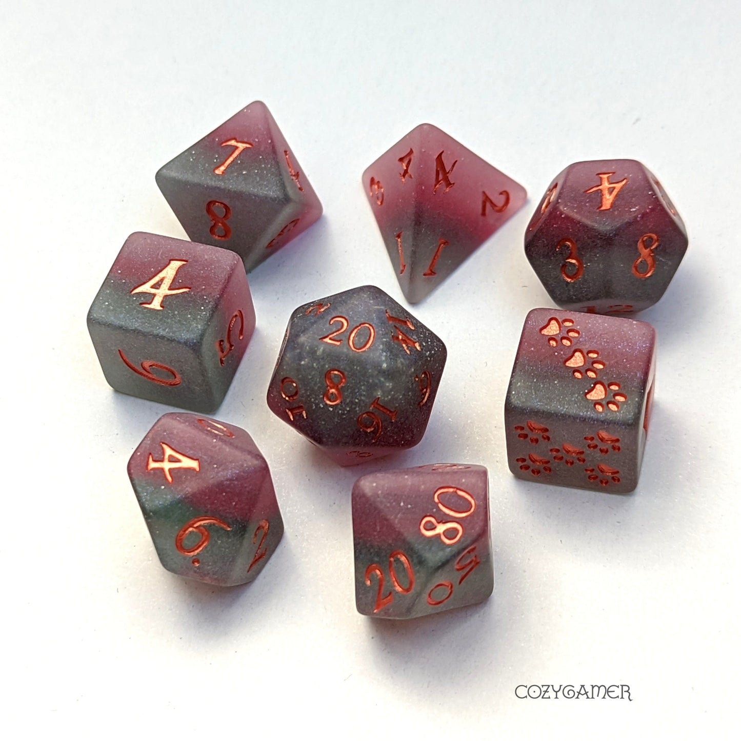 Fluorite resin dice set, purple and green matte finish, for Dungeons and Dragons, features custom font and no logos, 7 dice shown.