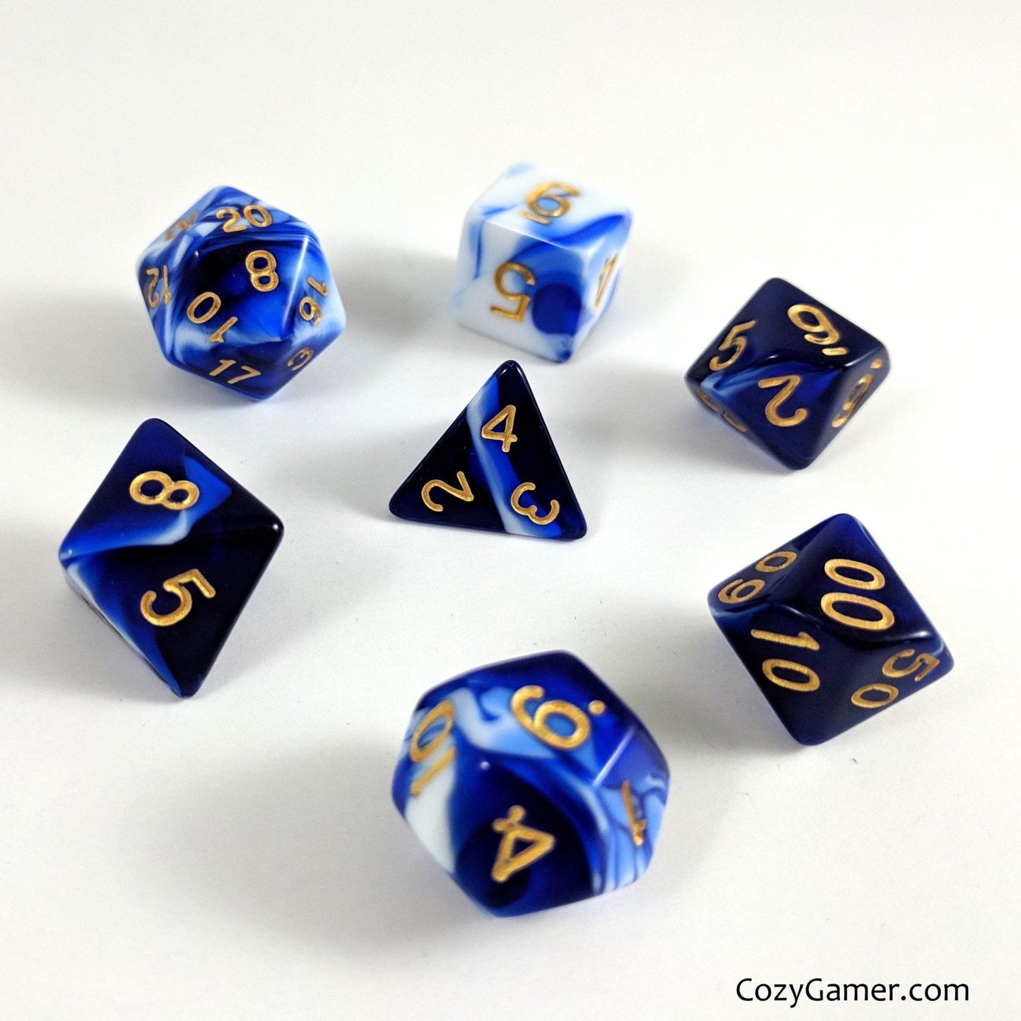 Force Field Dice Set – 7-Piece Blue White Opaque Marbled Acrylic DnD Dice Dice sets Fennek and Finch