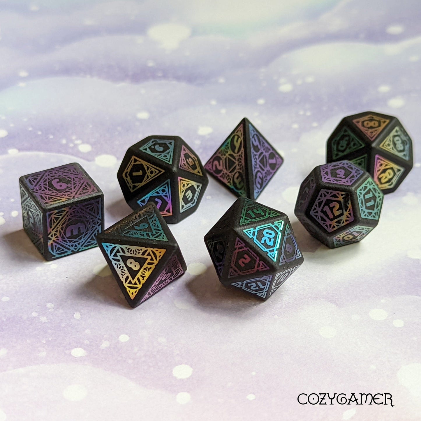 Frosted Obsidian Geometric Rainbow Dice Set. Gemstone Dice.