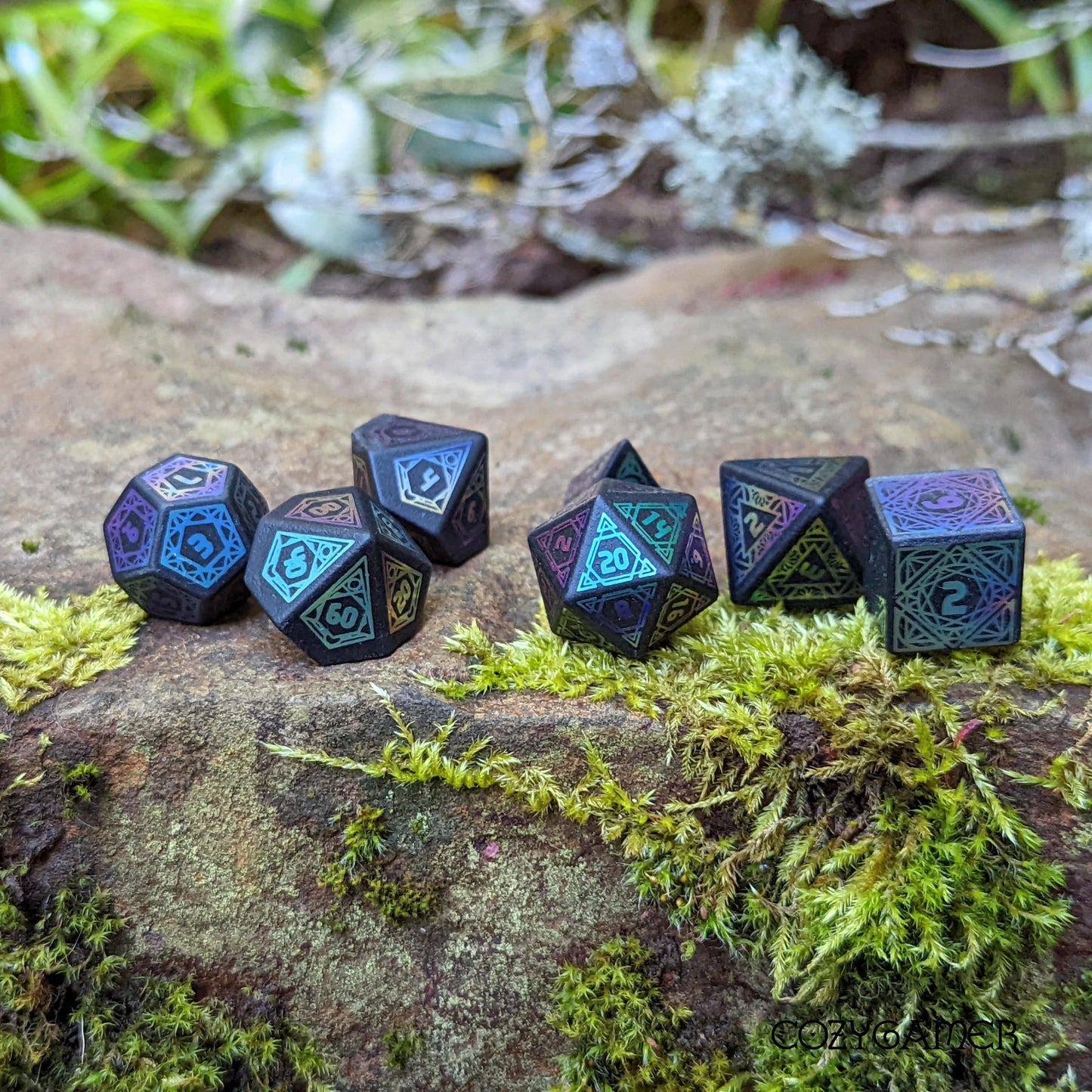 Frosted Obsidian Geometric Rainbow Dice Set. Gemstone Dice.
