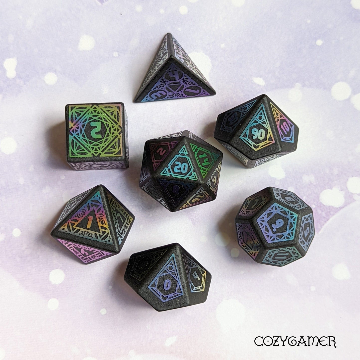 Frosted Obsidian Geometric Rainbow Dice Set. Gemstone Dice.