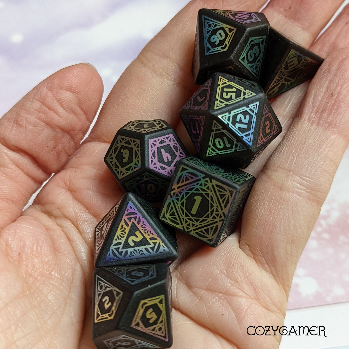 Frosted Obsidian Geometric Rainbow Dice Set. Gemstone Dice.