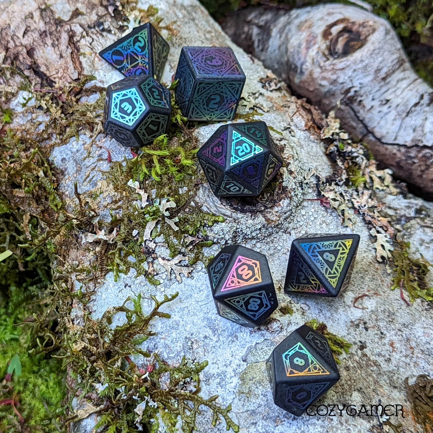 Frosted Obsidian Geometric Rainbow Dice Set. Gemstone Dice.
