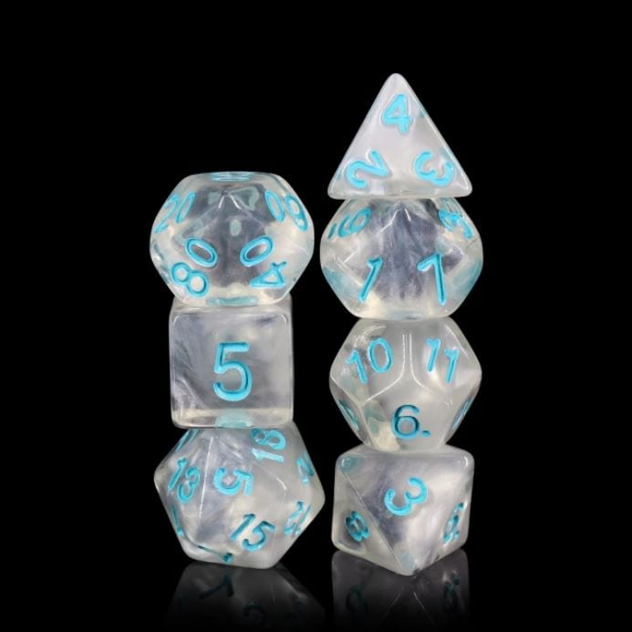 Frozen Heart Dice Set with clear acrylic, white clouds, blue font; 7-piece polyhedral for DnD and TTRPGs on black background.