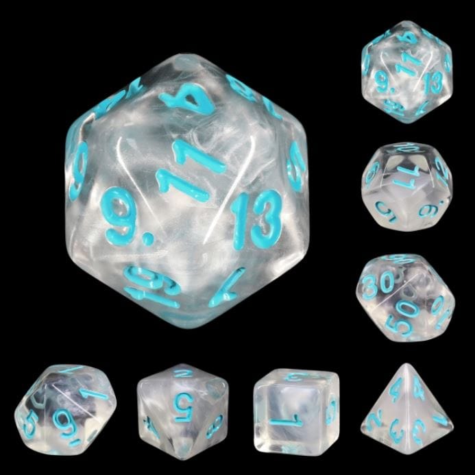 Frozen Heart Dice Set featuring clear polyhedral dice with white clouds and blue numbers, perfect for DnD and tabletop RPGs.