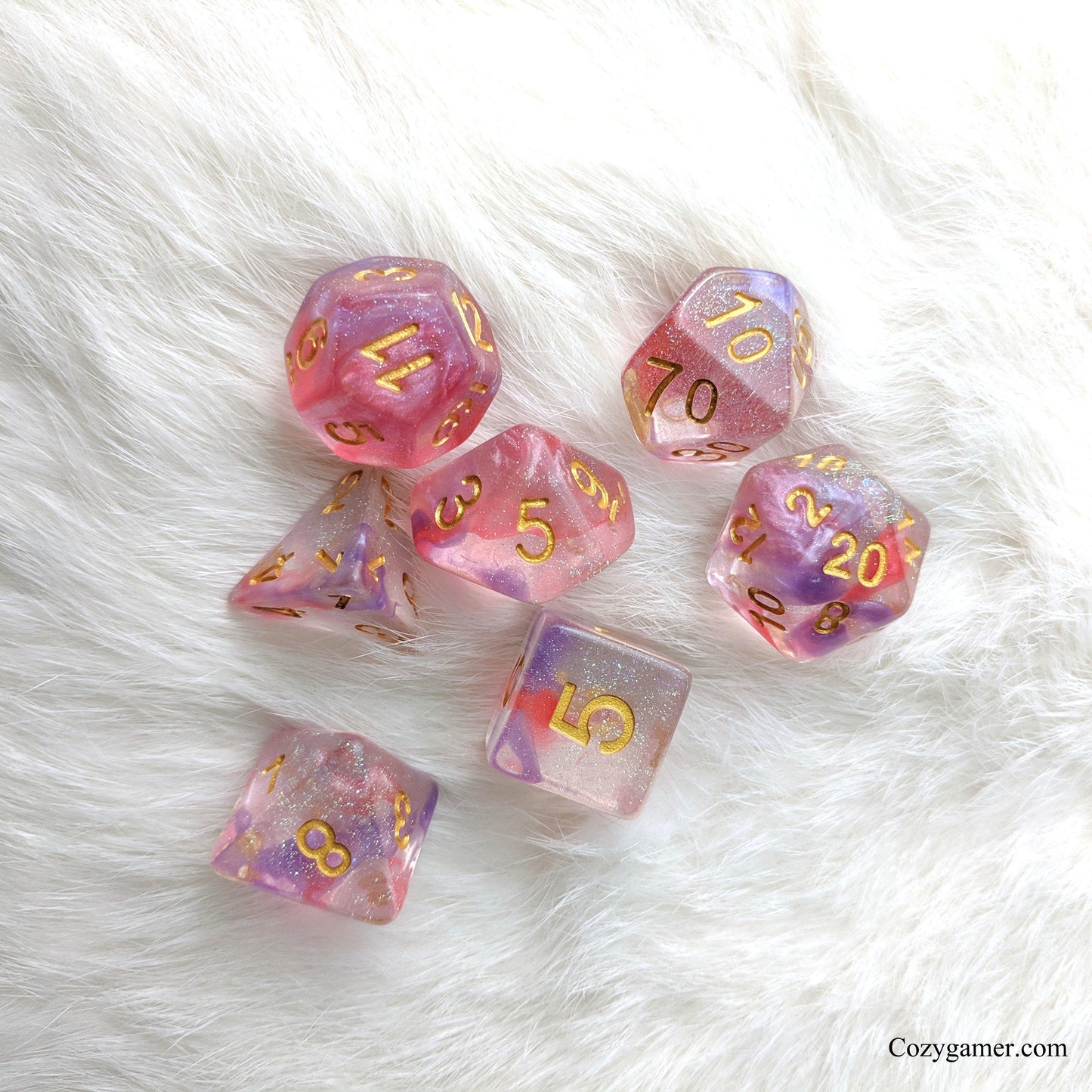 Fuchsia DnD Dice Set, Purple and Red Translucent Glitter Dice - CozyGamer