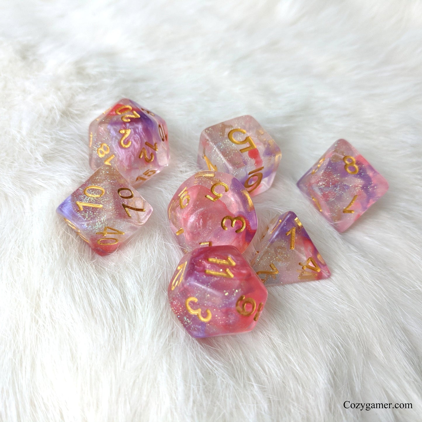 Fuchsia DnD Dice Set, Purple and Red Translucent Glitter Dice - CozyGamer