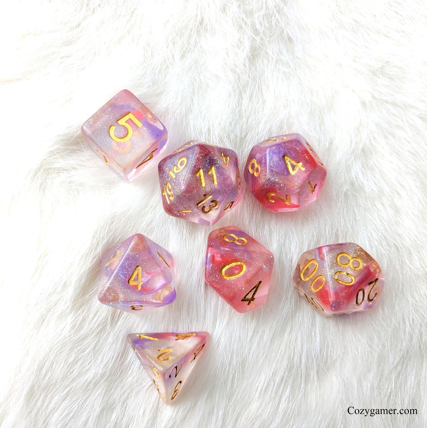 Fuchsia DnD Dice Set, Purple and Red Translucent Glitter Dice - CozyGamer