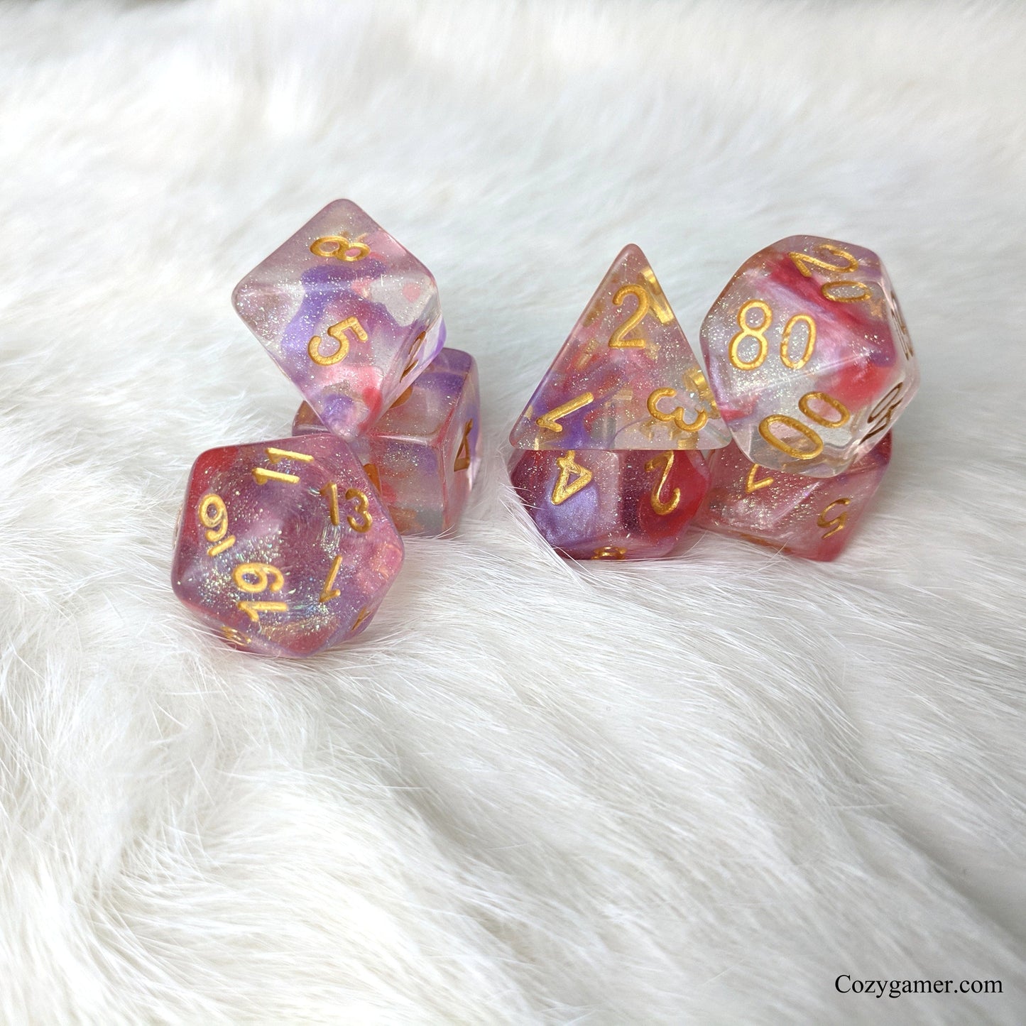 Fuchsia DnD Dice Set, Purple and Red Translucent Glitter Dice - CozyGamer