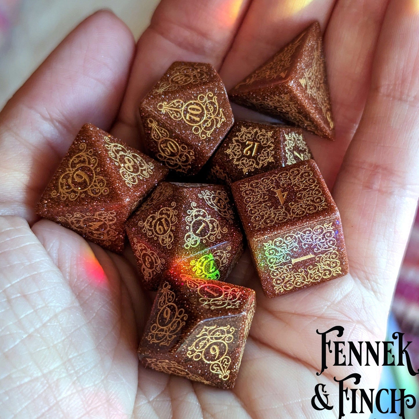 Garden Gate Goldstone Gemstone Dice Set. Dice Sets & Games Fennek and Finch