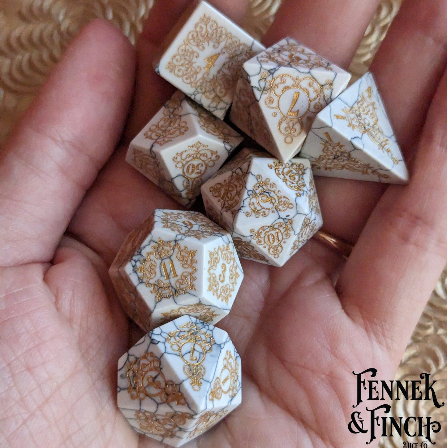 Garden Gate White Howlite Gemstone Dice Set. Dice Sets & Games Fennek and Finch
