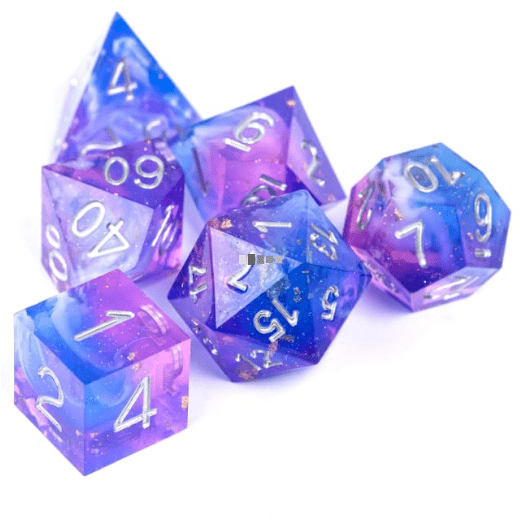 Gentle Dreams sharp edge 7 piece resin dice set in marbled purple and blue for TTRPG games like DND.