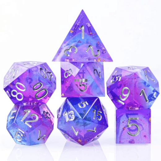 Gentle Dreams sharp edge marbled purple blue resin dice set for TTRPG, featuring 7 polyhedral pieces with silver numbers.