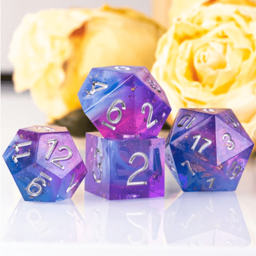 Gentle Dreams sharp edge resin dice set with marbled purple and blue design, perfect for DND and TTRPG gaming sessions.