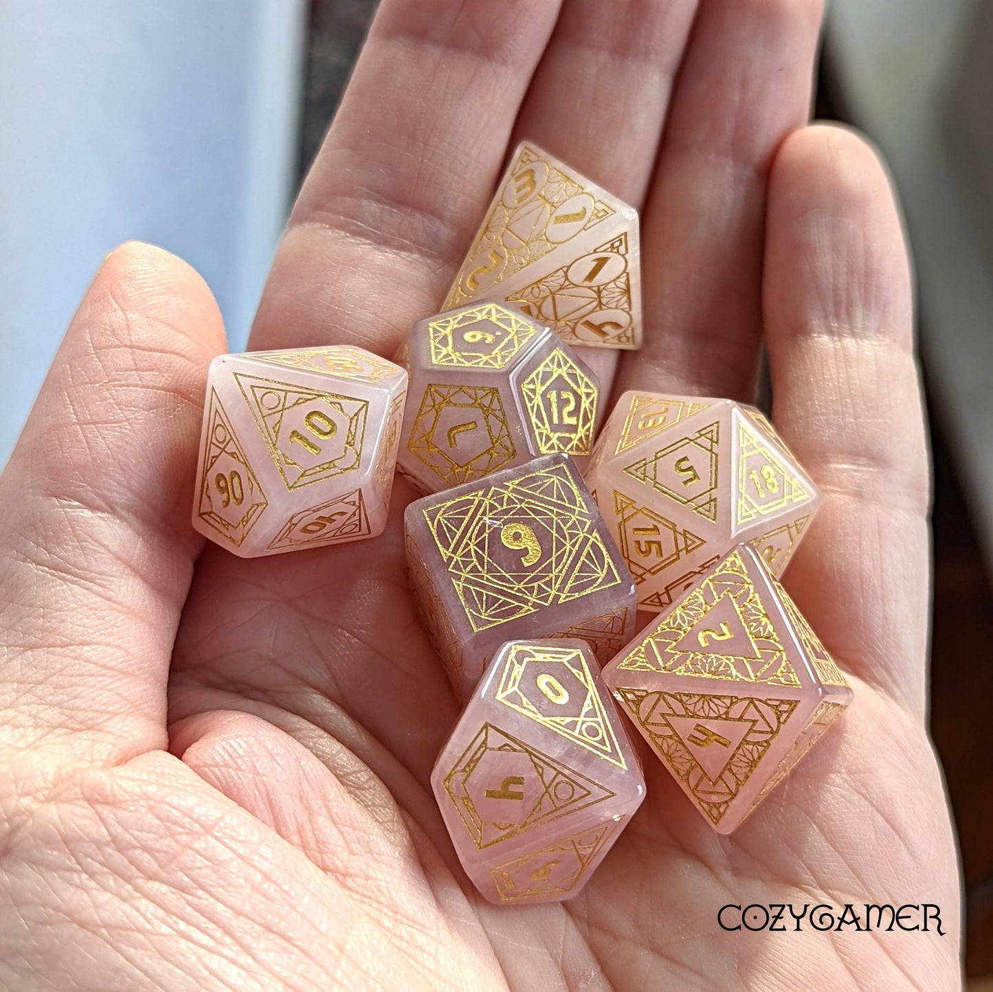 Geometric Rose Quartz Dice Set. Real Gemstone 7 Piece TTRPG Dice