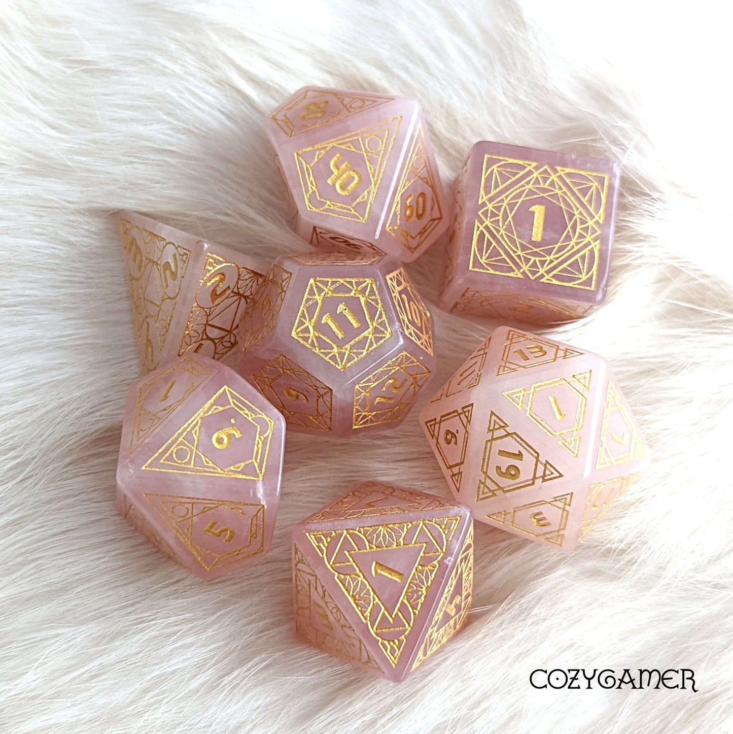 Geometric Rose Quartz Dice Set. Real Gemstone 7 Piece TTRPG Dice