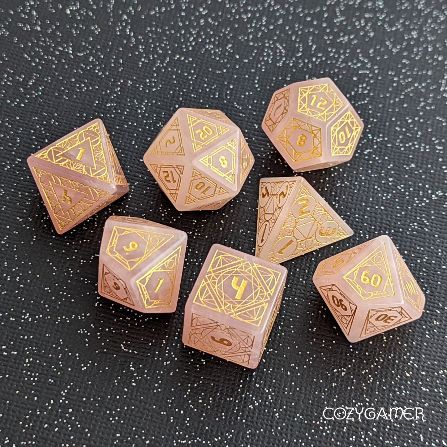 Geometric Rose Quartz Dice Set. Real Gemstone 7 Piece TTRPG Dice