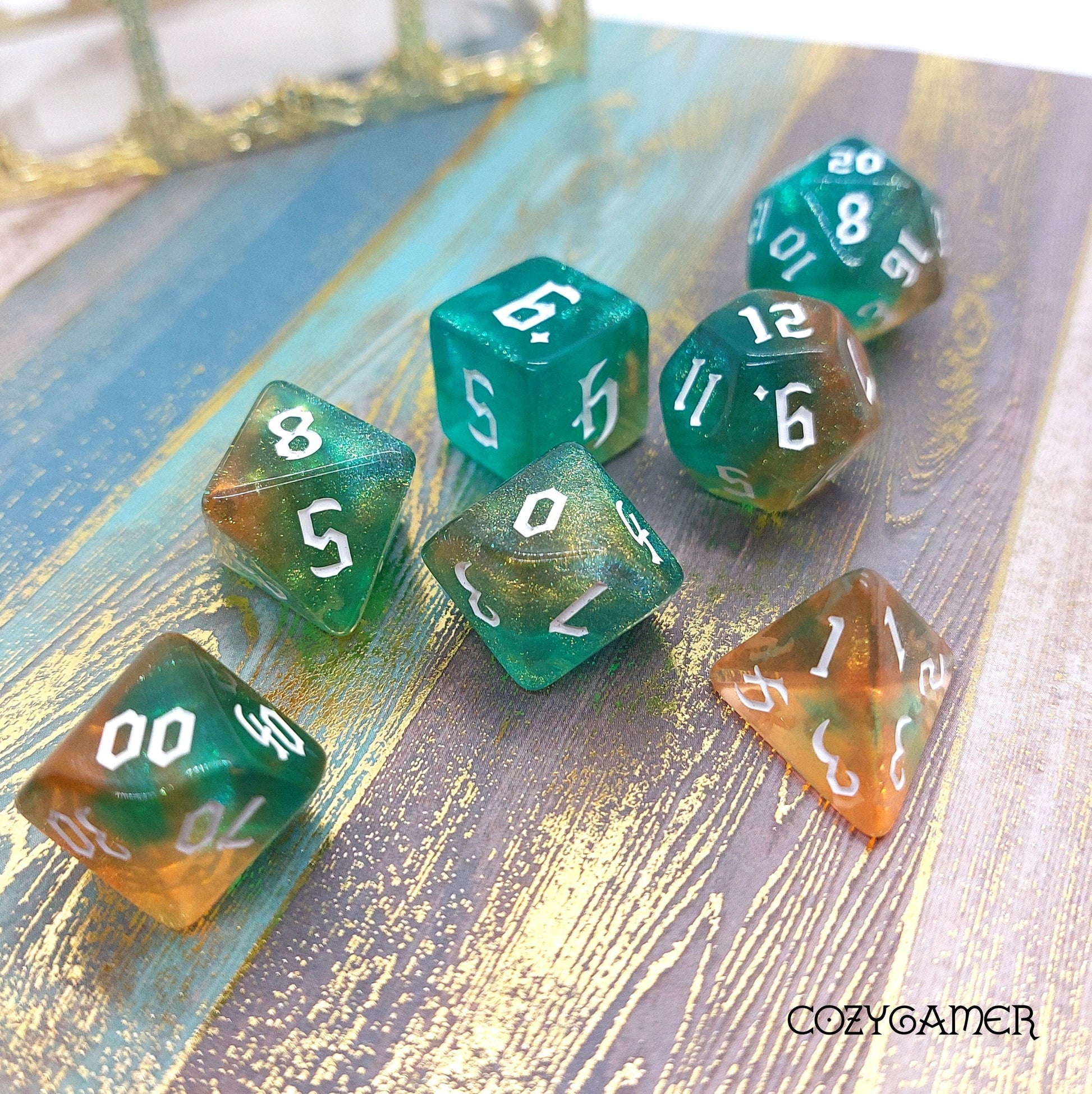 Geyser Bolt Dice Set. Marbled Blue and Orange Dice Sets & Games Fennek and Finch