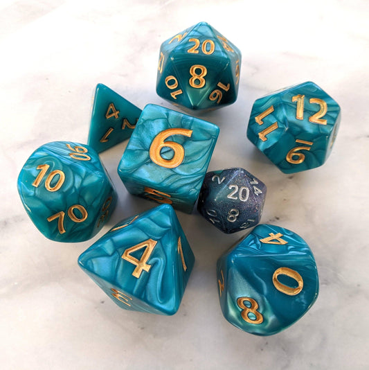 Giant Aquatic Dice Set, Large Blue Pearly 7 Piece Dice Set - CozyGamer