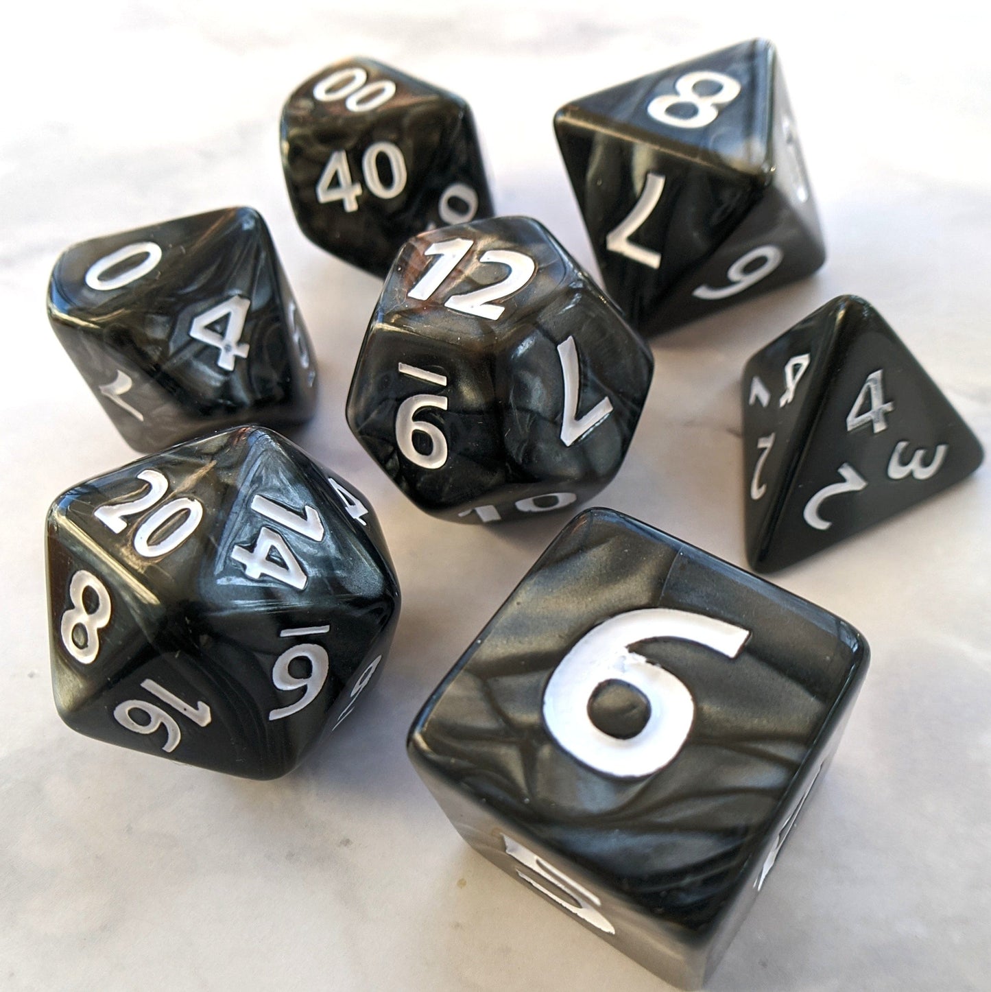 Giant Temper Dice Set, Large Black Pearly 7 Piece Dice Set - CozyGamer