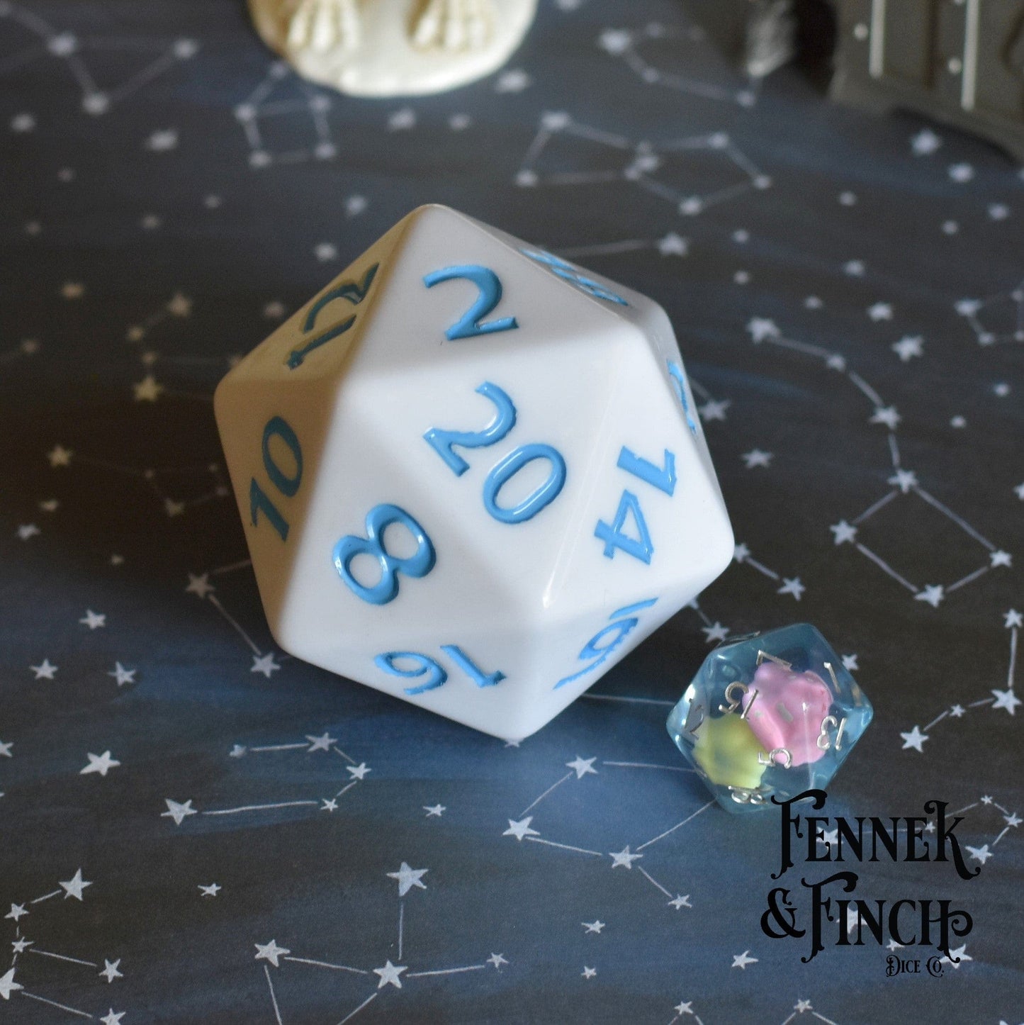 Giant White D20, pink or orange font Dice Sets & Games Fennek and Finch Blue Font